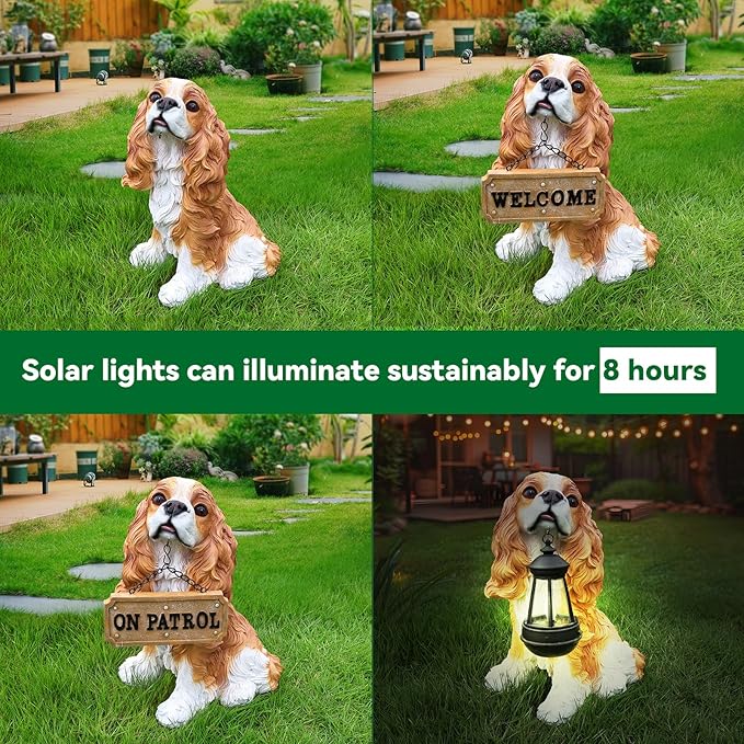 Cavalier King Charles Spaniel Statue Outdoor Decorations – Dog Statues Outdoor Blenheim Cavalier King Charles Spaniel with Replaceable Solar Light & Welcome Sign for Lawn Décor