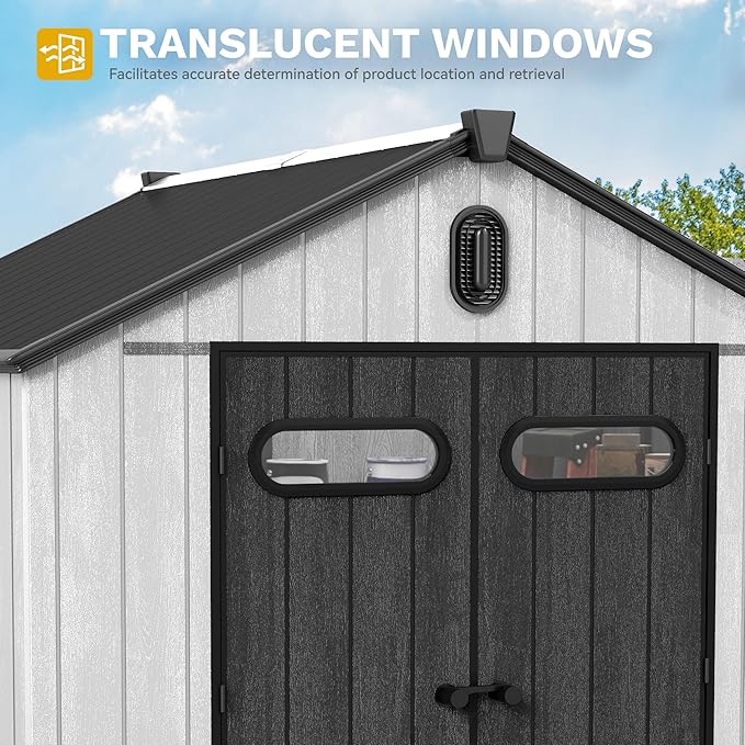 DWVO 8x8 FT Outdoor Storage Shed, 427 cuft Large Plastic Storage Shed with Floor & Lockable Door, Outside Tool Garden Shed with Windows & Vents for Patio Furniture, Lawn Mower, Bike, Black&Gray