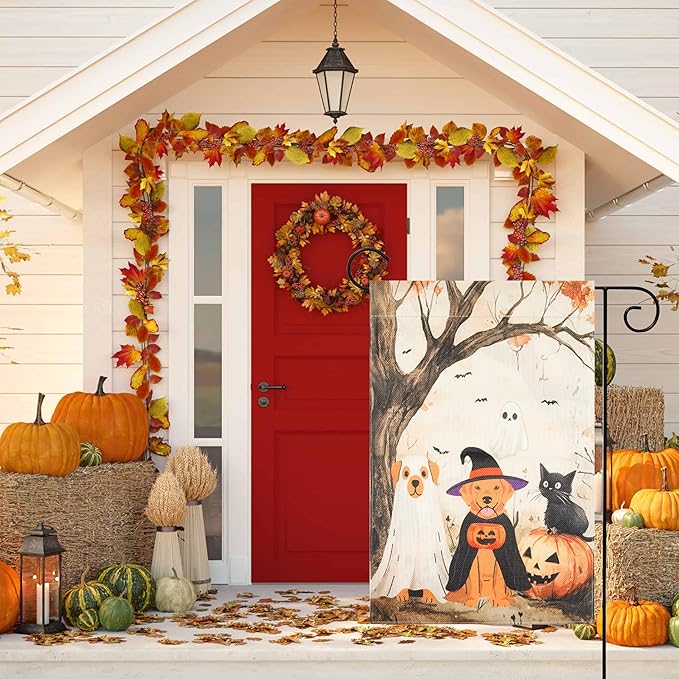 Halloween Garden Flag - Halloween Decorations Outdoor, Yard Flag for Outdoor Holiday Home Decor, Double Sided 12x18 Inch - Cat & Dogs