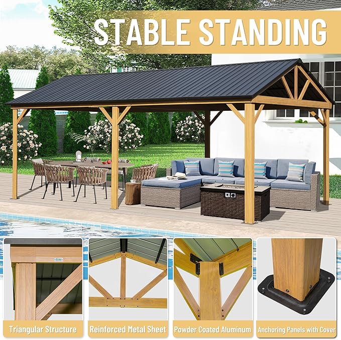 Domi 12' x 20' Hardtop Gazebo with Galvanized Steel Gable Roof, Pergola with Wood-looking Aluminum Frame, Permanent Pavilion Outdoor Gazebo with Ceiling Hook for Deck Patio Lawn Yard Backyard Grill
