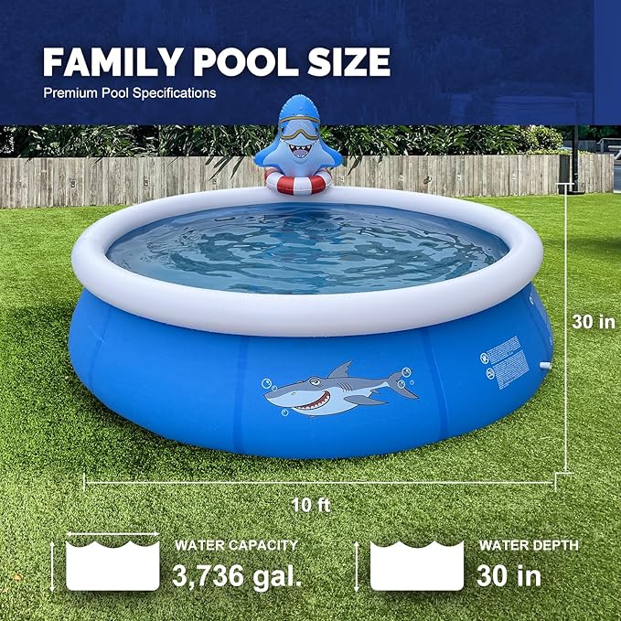 DIMAR GARDEN 10ft x 30in Inflatable Swimming Spray Pool, Outdoor Round Air Top Ring Shark Pools