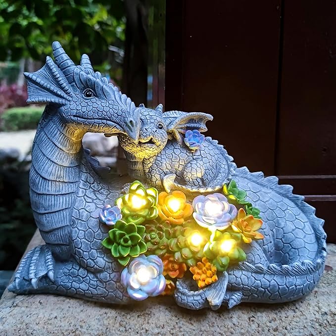 Solar Dragon Garden Statues Outdoor Decor, Resin Dragon Figurine with Succulent and 6 LED Lights Lawn Patio Balcony Art Decoration,Housewarming Birthday Gifts for Grandma Mom Women