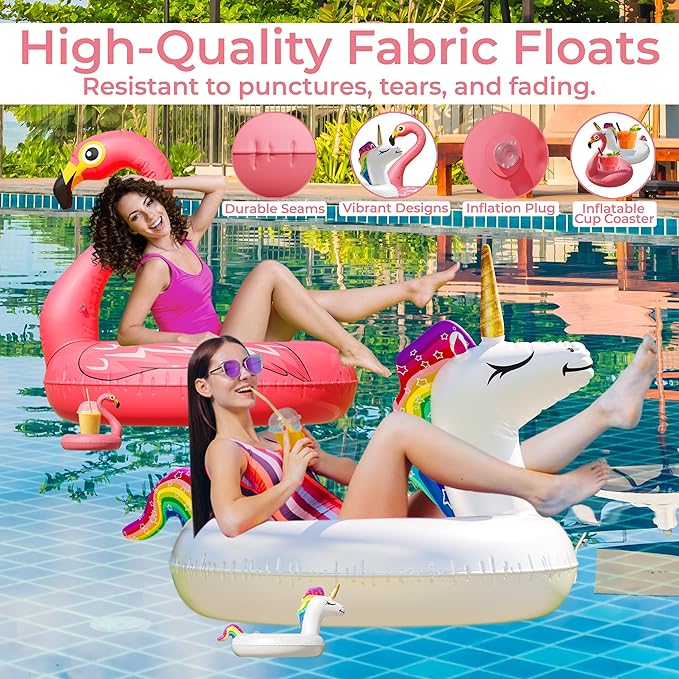 JAMBO Unicorn and Flamingo Pool Floats- 2 Pack with 2 Drink Holder Floats, Large Flamingo and Unicorn Tube Float, Adult & Teens, Inflatable Tanning Pool Toys, Tanning Pool Float, Tanning Float