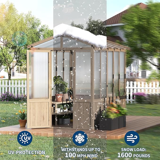 6x8FT Wooden Greenhouse with Cedar Frame, Outdoor Wood Greenhouses with Roof Vent, Wood and Polycarbonate Walk-in Greenhouse
