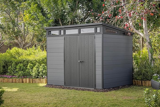 9x7 Ft All-Weather Storage Shed with Skylight,Window,Built-in Ventilation,Walls, & Lockable Double Doors for Patio Furniture Lawn Mower Tools and Bike Storage Lockable Black and Gray