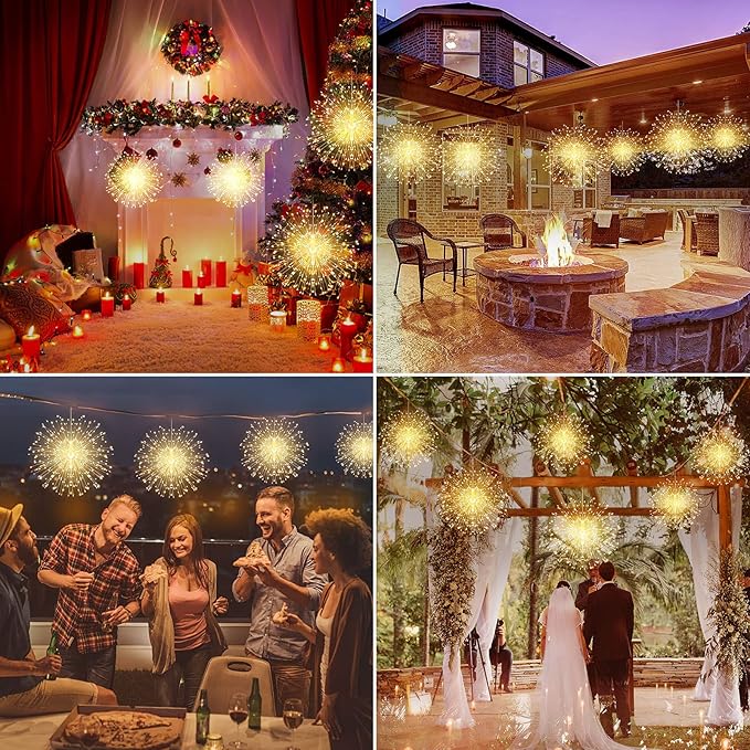 4 Pack String Lights - 225 LED 8 Modes Dimmable with Remote Control, Waterproof Copper Wire Decorative Hanging Bursting Star Lights for Party, Patio, Garden Decoration (Warm White)