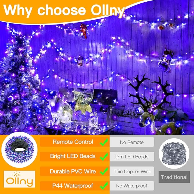 Ollny Halloween Lights 400LED 132FT, Remote Plug-in Blue & Purple Christmas Tree Lights with Timer and 8 Modes, Waterproof Outdoor/Indoor Decorations