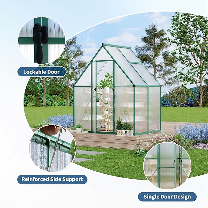 6'X4' Aluminum-Framed Polycarbonate Greenhouse, Heavy Duty Polycarbonate Greenhouse with Quick Setup Structure and Roof Vent, Large Enhanced Aluminum Greenhouses Kit for Outdoors