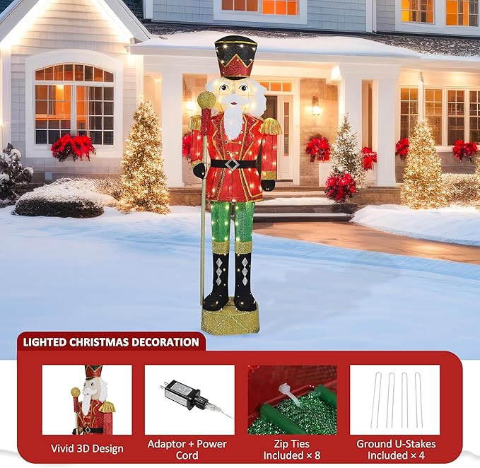 VEIKOU 5.9 FT Lighted Christmas Nutcracker Decoration with Scepter, Outdoor Nutcracker Soldier Christmas Yard Decor with 100 LED Lights, Ground Stakes and Zip Ties, Xmas Holiday Display for Outside