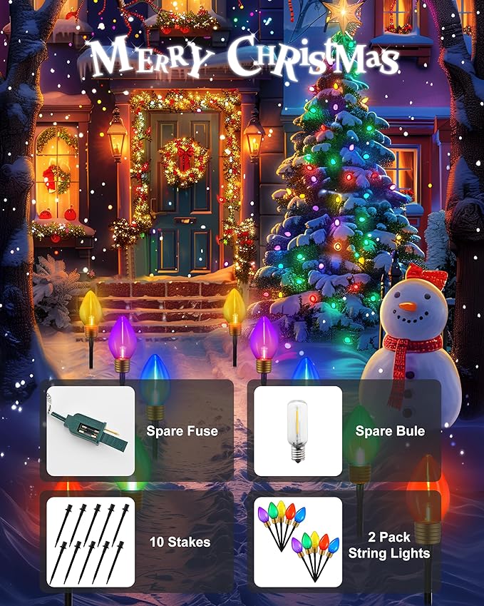 10 Jumbo C9 Pathway Lights Outdoor, 11Ft 2 Pack 5 LED Giant Bulbs, Large Outdoor Christmas Decor for Holiday Lawn Yard Garden, Big Christmas Lights Decorations, Multicolor