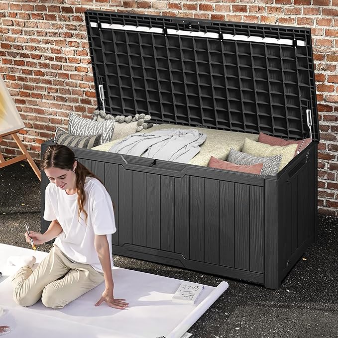 DWVO 120 Gallon Large Deck Box, Outdoor Lockable Storage Bin for Gardening Tools, Patio Cushions, Waterproof Resin (Black)