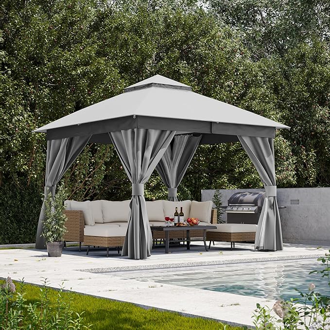 Outdoor Patio Gazebo 8FT, Heavy Duty Party Tent & Shelter with 2-Tier Roof and Expansion Bolts, Mosquito Nettings and Privacy Screens for Backyard, Garden, Poolside, Gray