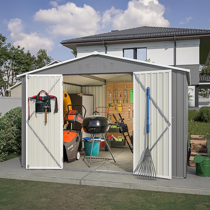 10X10 FT Outdoor Storage Shed,Metal Shed W/Lockable Doors,Air Vents & Sloped Roof,Garden Tool House W/Updated Frame Structure,for Backyard Patio Lawn,Gray