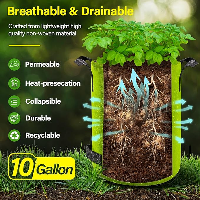 Suntee 6 Pack 10 Gallon Potato Grow Bags with Flap, Thickened Nonwoven Fabric Grow Bags for Growing Potatoes, Colorful Plant Grow Bags Pots Gardening Vegetable Potato Growing Bags with Durable Handles