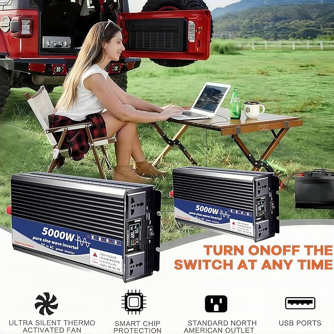 5000W Power Inverter 60V DC to 110V AC Converter with LED Display Dual AC Outlets Dual Fans Radiating for RV, Camp, Boat and Home Emergency Portable Pure Sine Wave Inverter (Smart Screen, 5000W 60V)