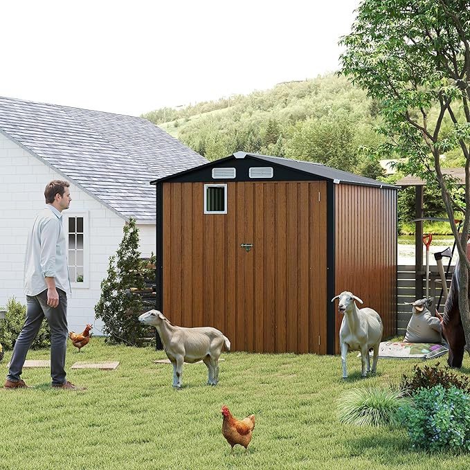 6x8 FT Sheds & Outdoor Storage,Steel Storage Shed with Lockable Doors and Window,Waterproof Garden Shed w/Roof Slope Design & Weather Versatility,Tool House for Storing Bicycles,Yellow