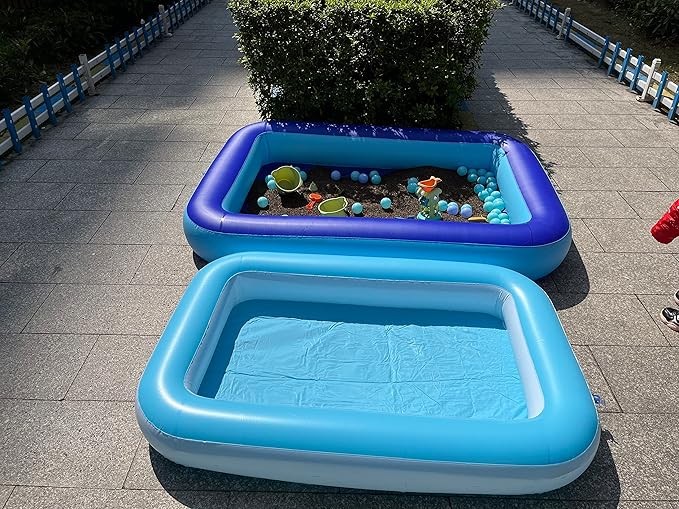 Inflatable Splash Pool for Kids, Plastic Wading Pools Outdoor, Large Sensory Sand & Water Play Pit for Toddlers, Kiddie Small Swimming Pool with Air Pump, Sand Box Backyard (77"*53"*9"-L)