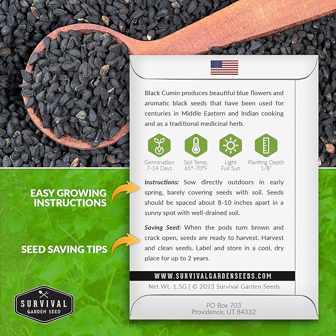 Black Cumin Seed for Planting - 5 Packets with Instructions to Plant and Grow Beneficial Nigella Sativa Plants in Your Home Vegetable Garden - Non-GMO Heirloom Variety - Survival Garden Seeds