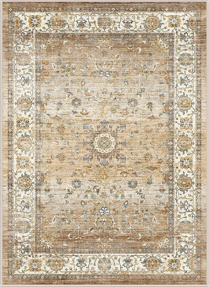 10x14 Area Rugs,Ultra-Thin Washable Rugs for Living Room,Non-Slip Lightweight Foldable Area Rug,Stain Resistant Vintage Large Rugs (Apricot/Blue, 10'x14')