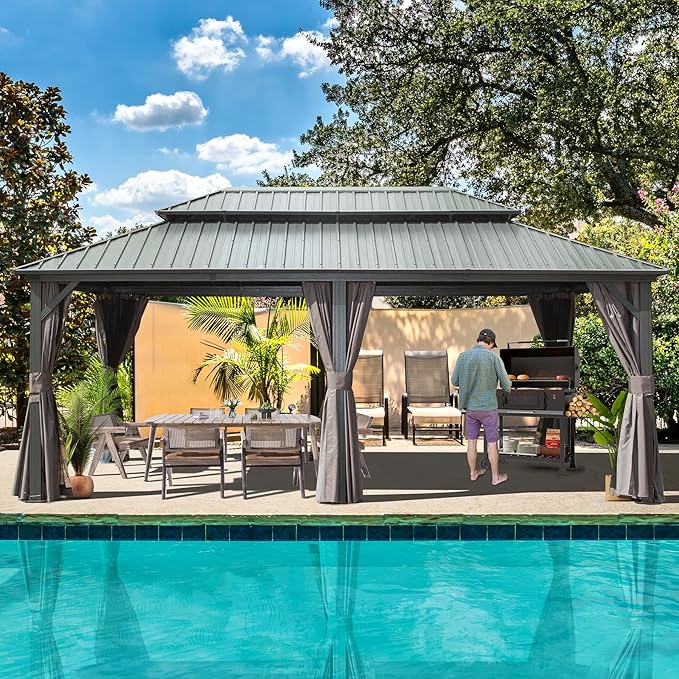 Domi 12’ x 18’ Hardtop Gazebo Metal Frame Canopy with Netting & Curtains, Outdoor Permanent Metal Pavilion with Galvanized Steel Double Roof for Patio Lawn and Garden, Gray