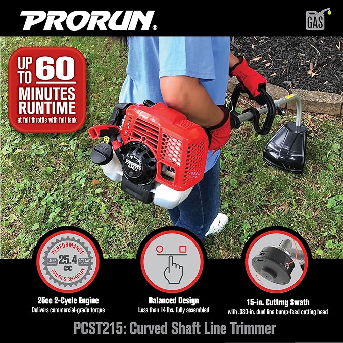 PRORUN 25.4cc 15-in. Gas-Powered 2-Cycle Curved Shaft Trimmer (PCST215)
