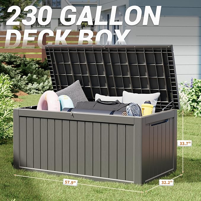 NUNU LAB 230 Gallon Outdoor Storage Box, Large Resin Deck Box with Lockable Lid, Waterproof & UV-Resistant Patio Storage Bin for Garden Tools, Pool Accessories & Furniture, Grey