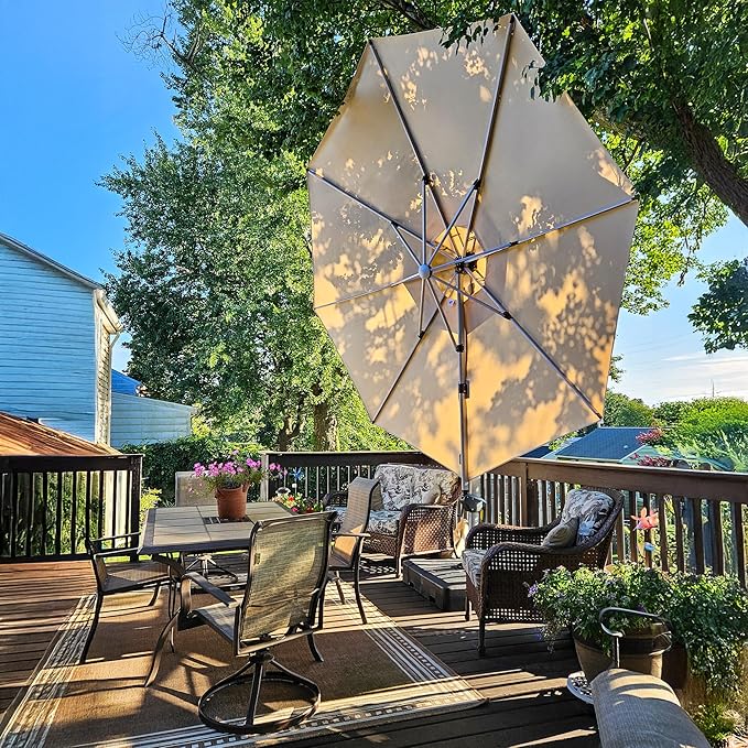 PURPLE LEAF 10ft Solar powered LED Patio Umbrella Outdoor Round Umbrellas Large Cantilever Umbrella with LED lights Windproof Offset Umbrellas Heavy Duty for Garden Deck Pool Patio, Beige