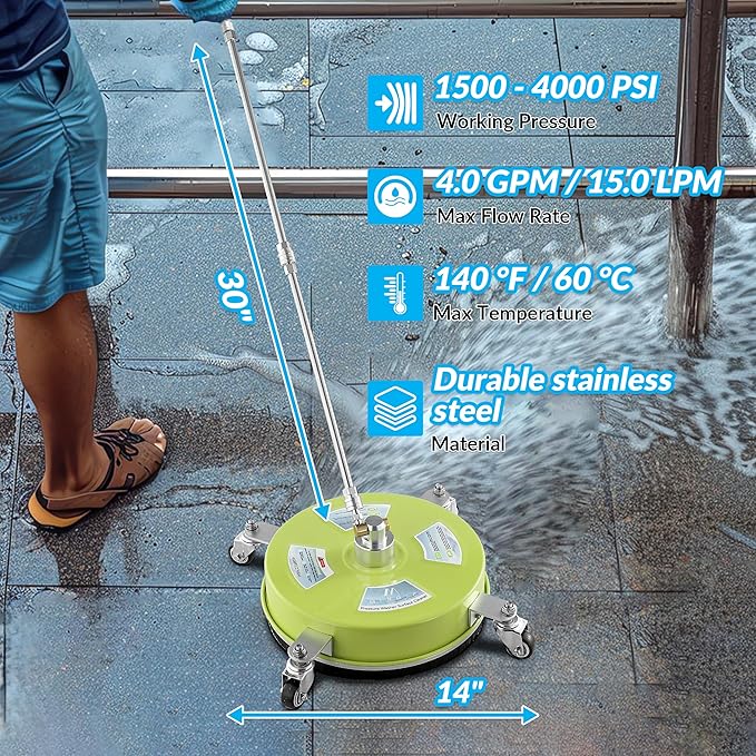 M MINGLE 14'' Pressure Washer Surface Cleaner, Stainless Steel Pressure Washer Attachments with 4 Wheels for Driveway and Concrete Cleaning, 1/4" Quick Connect, 2 Extension Wands, 4000 PSI