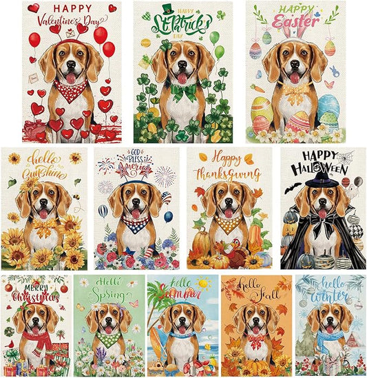 Beagle Garden Flags 12x18 Double Sided for All Seasons and Holidays, Funny Dog Welcome Flags for Outside Set of 12, Puppy Lawn Flag for Pet Lover, Beagle Outdoor Decorations for Farmhouse