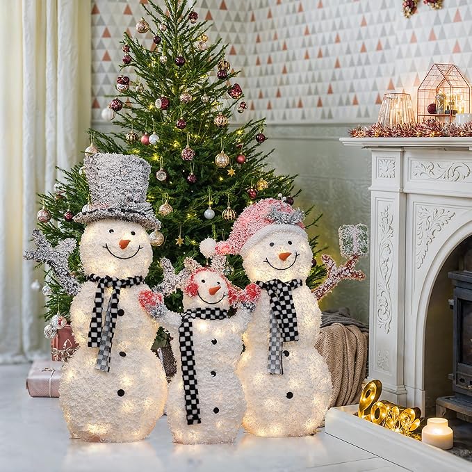 LuxenHome 3.5FT Lighted Snowman Family Outdoor Decorations, Prelit Frosted Snowman with Hat and Scarf, Illuminated Christmas Decorations Indoor and Outdoor for Porch, Lawn, Holiday Yard Decor