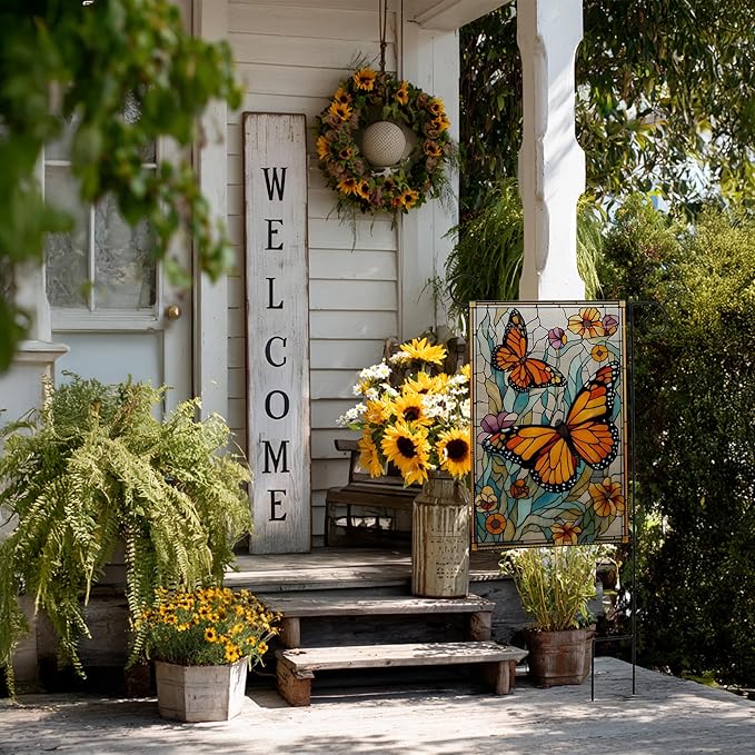 Garden Flags, Butterfly Garden Flag, Stained Glass Style Butterfly Floral Flag Double-Sided Flags for Farmhouse Yard Outdoor Decoration-12 x 18inch