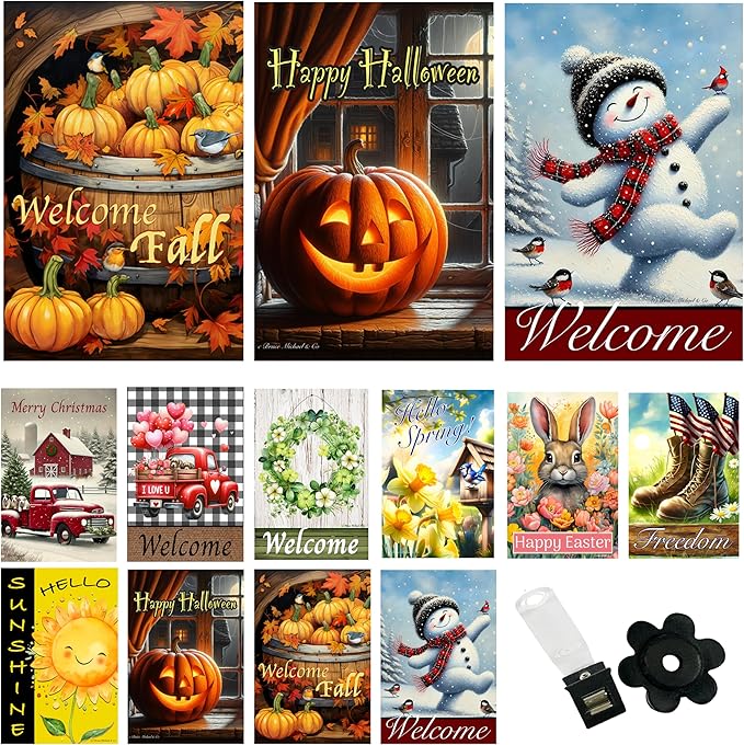 Country Charm Garden Flags Set of 10 - Garden Flags for Outside - Yard Flags 12x18 inch Double Sided, Seasonal Small Garden Flag with Anti-Wind Clip and Stopper, Outdoor Holiday Lawn Decorative Decor Fall