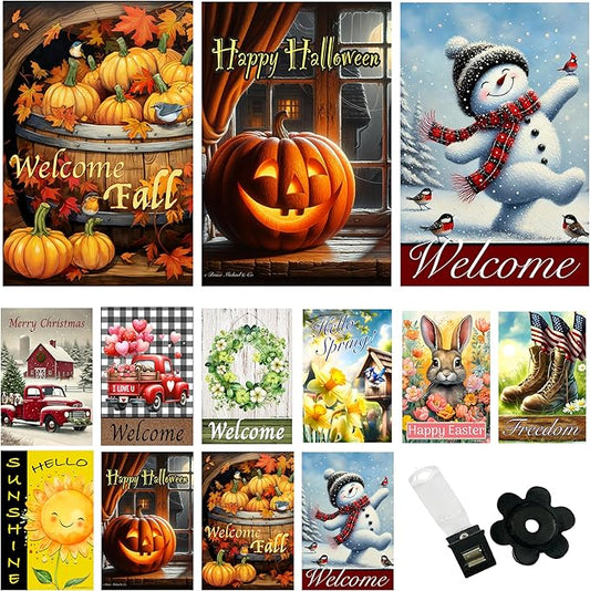 Country Charm Garden Flags Set of 10 - Garden Flags for Outside - Yard Flags 12x18 inch Double Sided, Seasonal Small Garden Flag with Anti-Wind Clip and Stopper, Outdoor Holiday Lawn Decorative Decor Fall