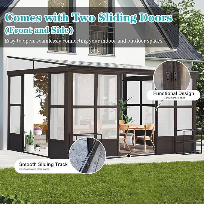 10x14FT Wall Mounted Sunroom Kit All Season, Outdoor Enclosed Gazebo Lean to Solarium with Detachable Polycarbonate Roof/Windows, 2 Lockable Sliding Doors, Permanent Aluminum Sun Room for Patio
