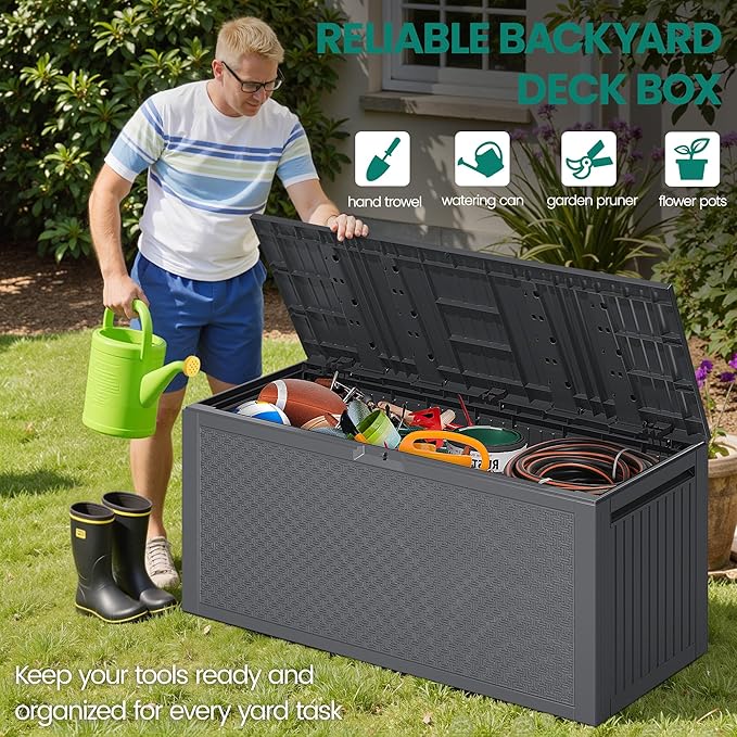 90 Gallon Outdoor Deck Box, Waterproof Outdoor Deck Box, Durable Resin Bin for Patio Cushions, Garden Tools and Pool Accessories, Lockable with UV Protection, Dark Gray, Patio Furniture