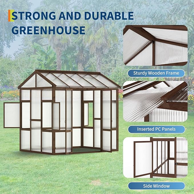 6x8 ft Wooden Greenhouse for Outdoor - Heavy Duty Walk-in Green House Kit with 6 mm Polycarbonate,Ventilated Window & Lockable Door for Backyard,Patio,Lawn