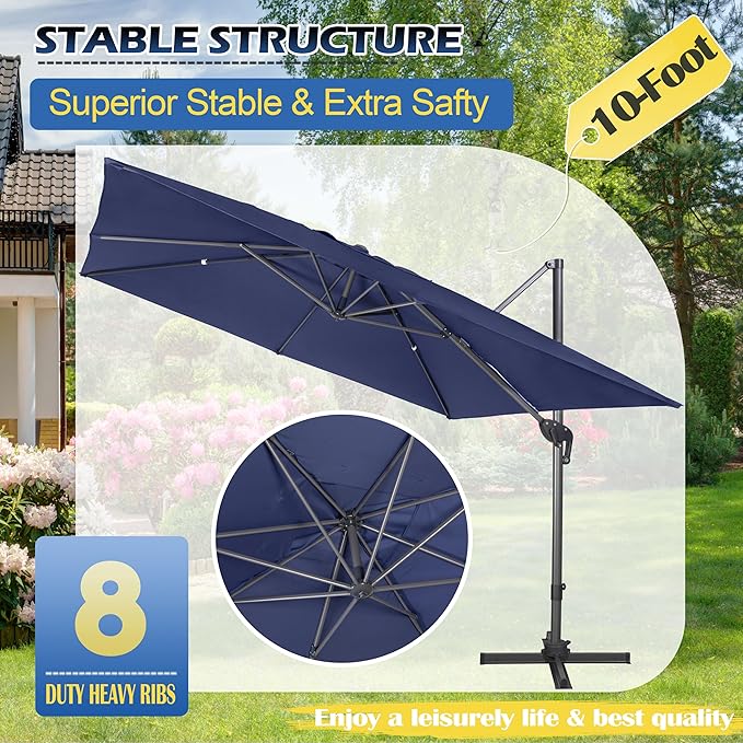Sunnyglade 10x10Ft Cantilever Patio Umbrella Square 360° Rotation & Integrated Tilting System Offset Umbrella with 8 Sturdy Ribs, Fade-resistant & Waterproof for Garden Backyard Poolside Deck
