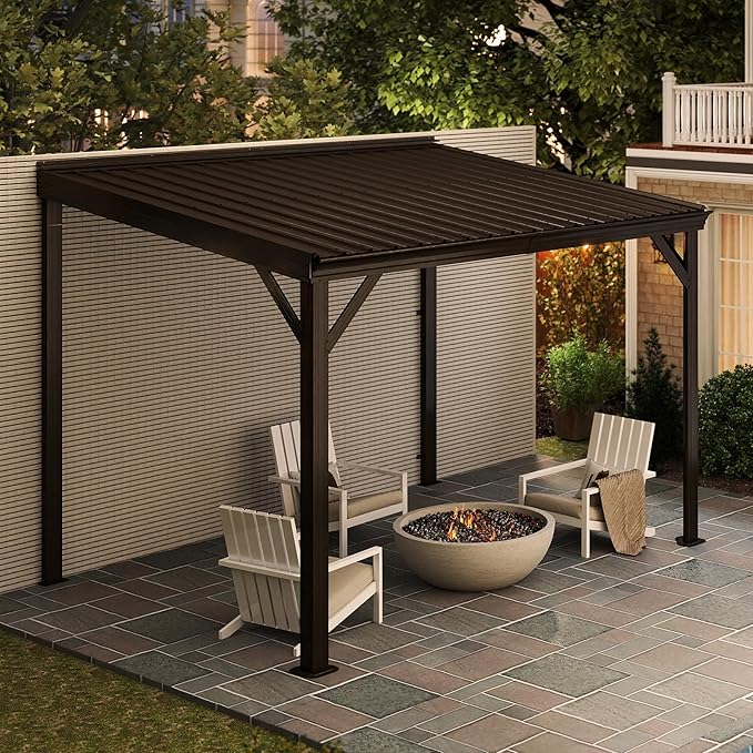 Domi 8’x10’ Lean-to Gazebo, Hardtop Wall-Mounted Gazebo Pergola with Sloping Galvanized Steel Roof and Upgraded Drainage System, Outdoor Permanent Metal Shelters for Patio Backyard Deck, Brown