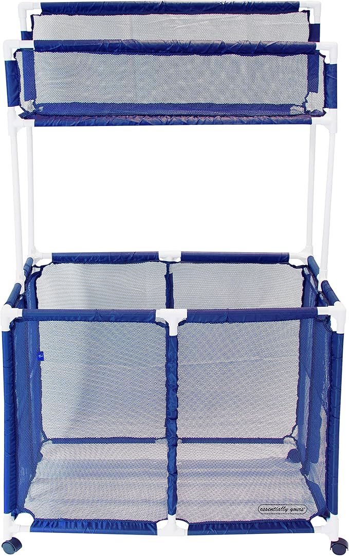 Essentially Yours Pool Storage Equipment Organizer Holder - Noodles, Toys, Balls, Floats Mesh Rolling Double Decker Bin, Large with Noodle Holder, (35.3" W x 23" L x 59.4" H), Blue/White Style 561935
