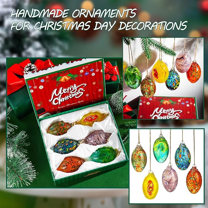 6PCS Hand Blown Glass Egg Ornaments Colorful Hanging Ornament Balls Gazing Ball Friendship Ball Decor for Garden Patio Window Christmas Tree