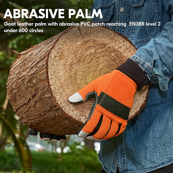 Vgo... Chainsaw Gloves, 12-Layer Chainsaw Protection on Both Hand Back, leather Work Gloves, Mechanic Gloves