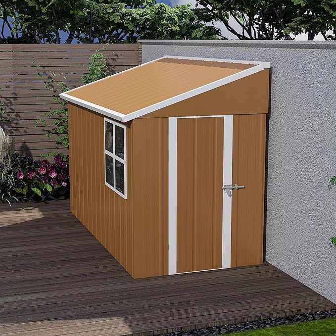 8x4 FT Outdoor Storage Shed, Metal Shed with Floor, Lockable Door, Sloping Roof, All-Weather Lean to Resin Shed for Garden, Backyard, Patio, Lawn (Khaki)