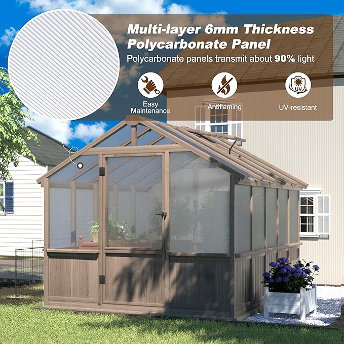 MUPATER 8 x 10FT Wooden Greenhouse with 6mm Polycarbonate Panels for UV Protection and Heat Insulation, Adjustable Ventilated Window & Lockable Door, Walk-in Greenhouse for Outdoors, Patio, Backyard