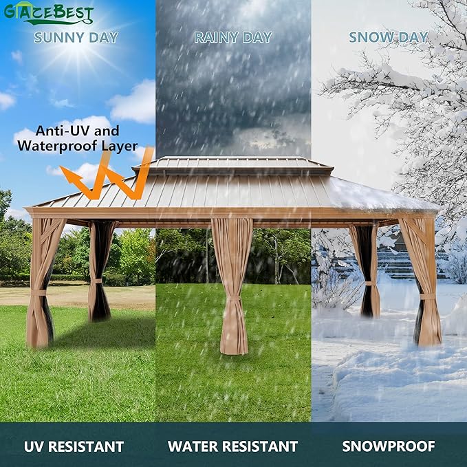14' X 20' Hardtop Gazebo, Outdoor Galvanized Steel Double Roof Permanent Aluminum Frame Pavilion Pergola Canopy with Privacy Curtains for Garden, Patio, Backyard, Deck and Lawns.