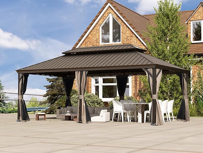 Domi 12x20FT Outdoor Gazebo, Hardtop Gazebo with Galvanized Steel Double Roof, Metal Gazebos with Drainage System Patio Pergola for Patio Deck Backyard,Curtain and Netting,Brown