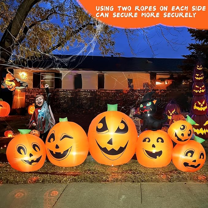 10FT Long Halloween Inflatable Pumpkin Patch with Black Witch's Cat, Giant Pumpkin Patch with Build-in LED Lights, Blow up Inflatable Decoration for Outdoor Large Party Yard Decoration