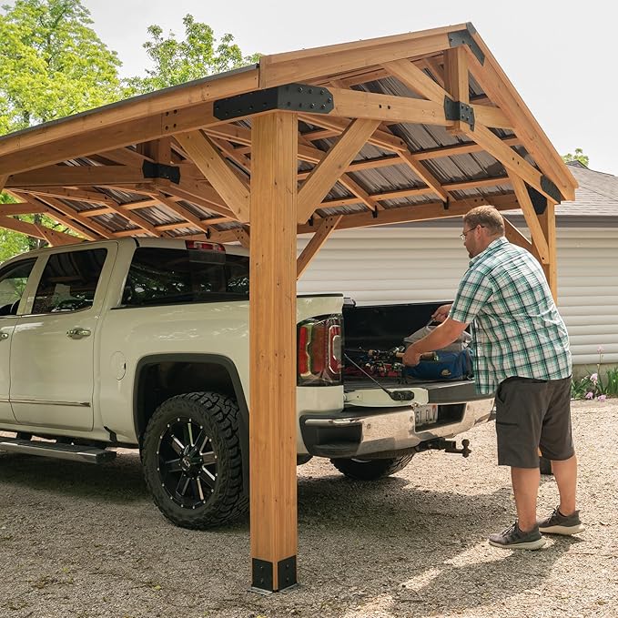 Backyard Discovery Norwood 24' x 12' Cedar Wood Outdoor Gazebo Pavilion with Hardtop Galvanized Steel Peak Roof, Snow Support, Wind Resistance, PowerPort, Shade for Garden, Patio, Deck, Entertaining