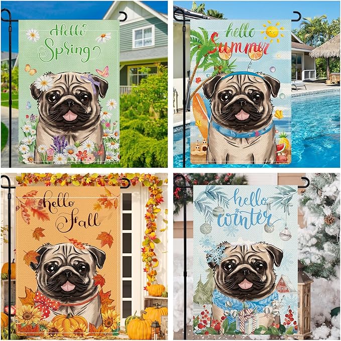 Pug Garden Flags for Outside Set of 12, Dog Welcome Seasonal Garden Flags 12x18 Double Sided for All Seasons and Holidays, Spring Summer Yard Lawn Flag for Outdoor Decor, Pug Decor