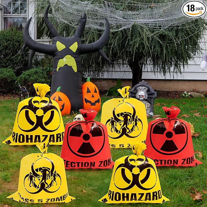 CNhoqc Halloween Lawn Trash Bags - 18Pcs Zombie Warning Reusable Waste Bags with Twist Ties, Fallen Leaf Grass Clipping Trash Container, Heavy-Duty Plastic for Biohazard Parties Outdoor Decorations