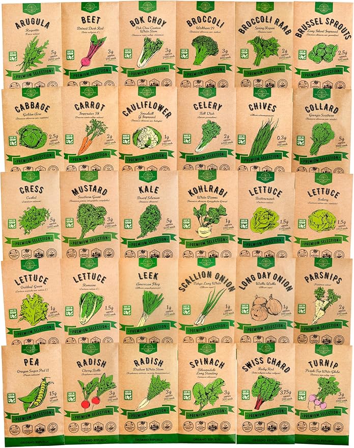 Organo Republic 30 Most Popular Winter Vegetable Garden Seeds Variety Pack- Outdoors/Indoor 8300+ Non-GMO Heirloom Veggie Seeds Broccoli Beet Carrot Cabbage Chives Lettuce Radish Pea Spinach & More